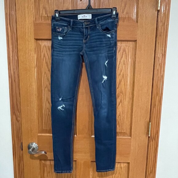 HOLLISTER Women's 5R Low Rise Skinny Dark Wash Distressed Blue Denim Jeans - Picture 1 of 4